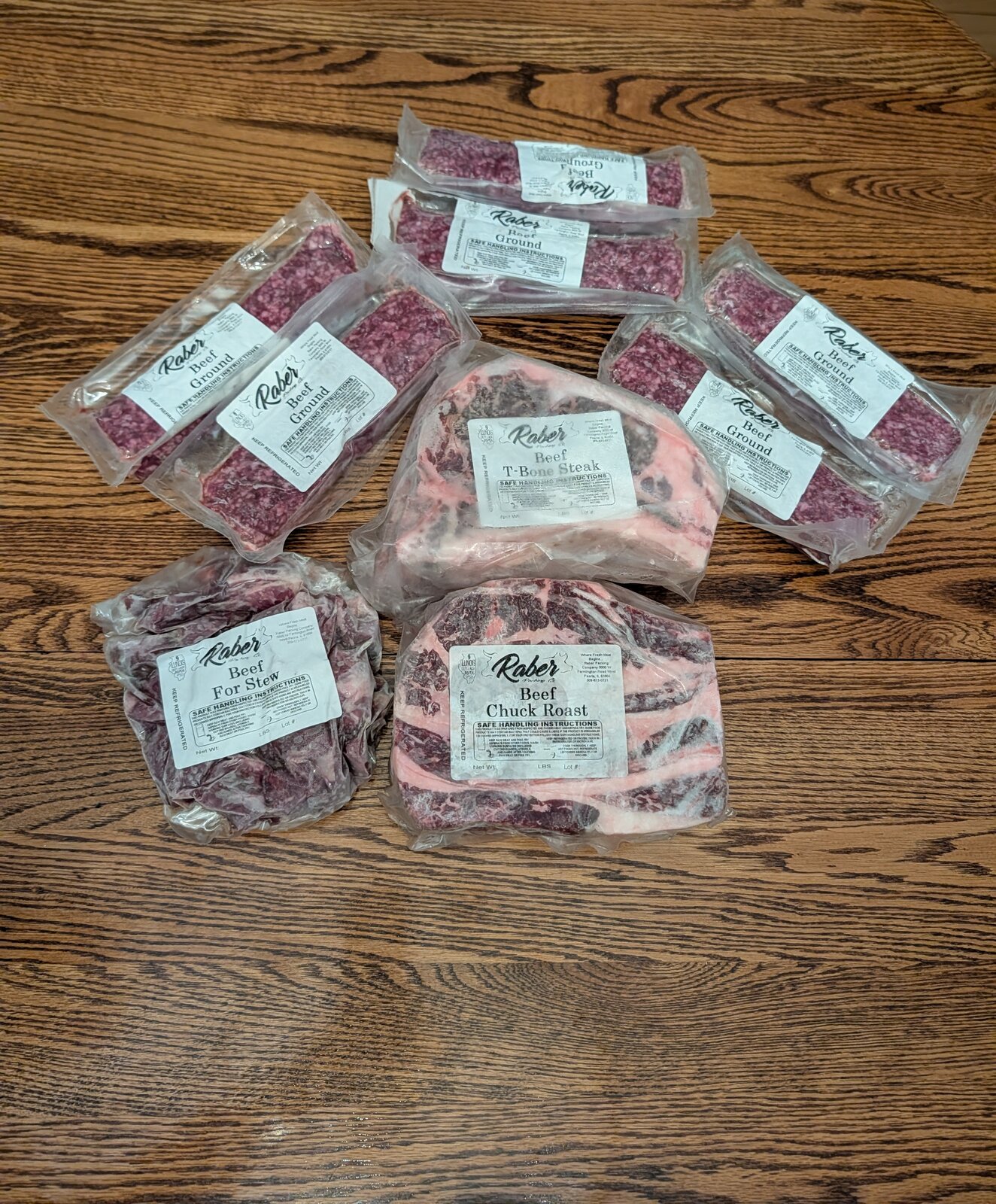 Beef Sampler Box — T-bone steaks, chuck roast, ground beef and stew meat, vacuum-sealed